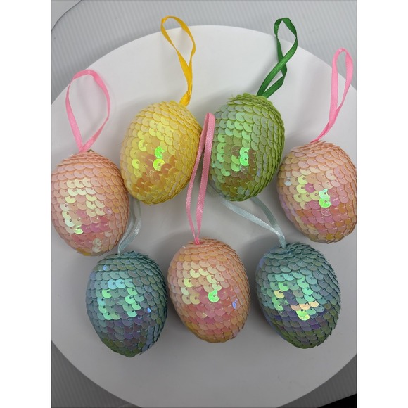 Lot 7 Sequin Easter Egg Ornaments Shiney Spring Decor Tree Ornaments Lightweight - Picture 10 of 10
